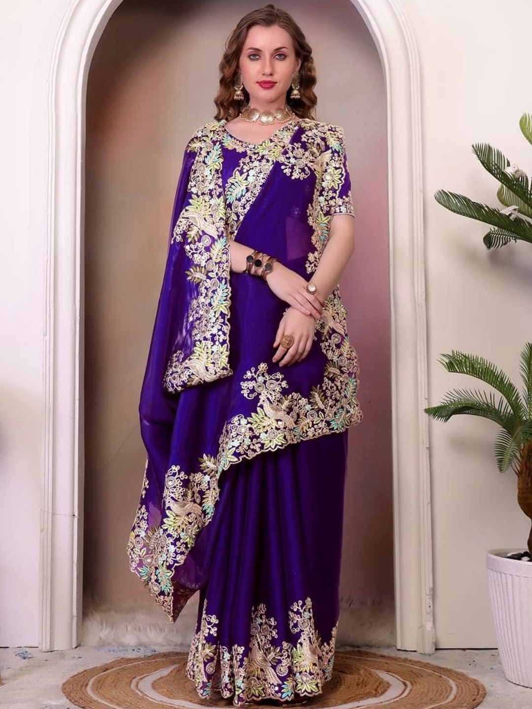 

Moda Rapido Ethnic Motifs Embroidered Organza Saree, Purple