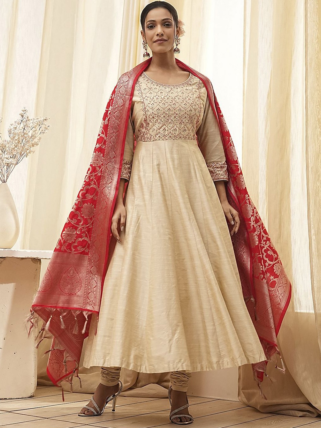 

Biba Floral Embroidered Sequinned Anarkali Kurta With Churidar And Dupatta, Beige