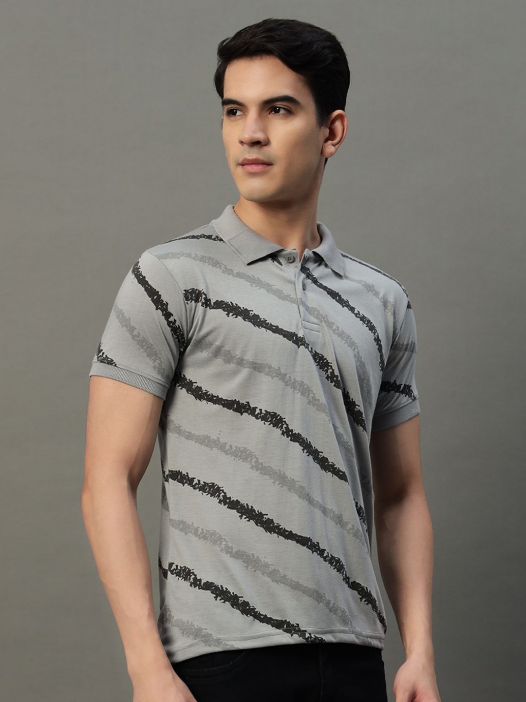 

SIMPLE SOLUTION Men Striped Polo Collar Cotton T-shirt, Grey