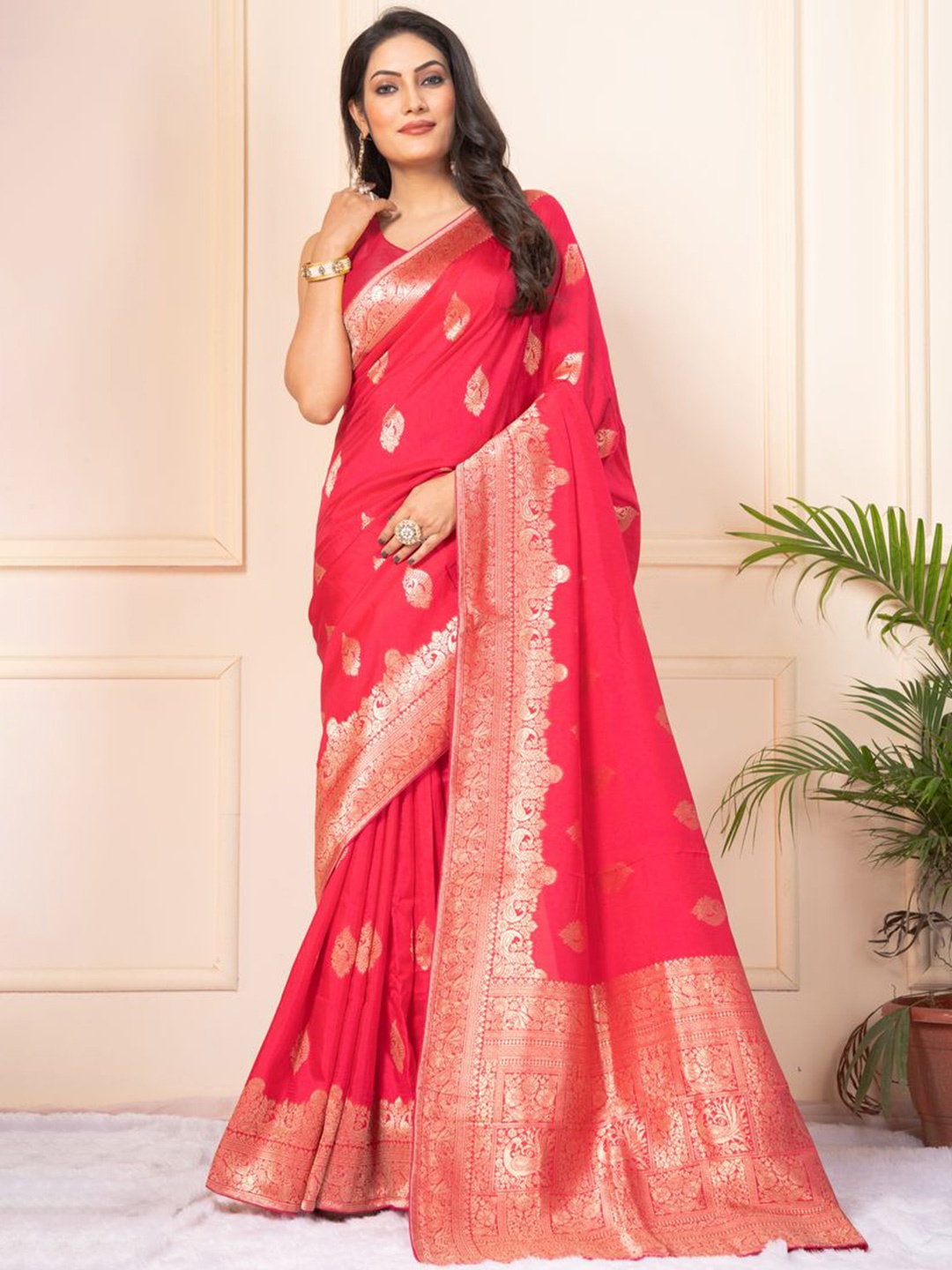 

KAJREE Woven Design Zari Pure Silk Jamdani Saree, Pink