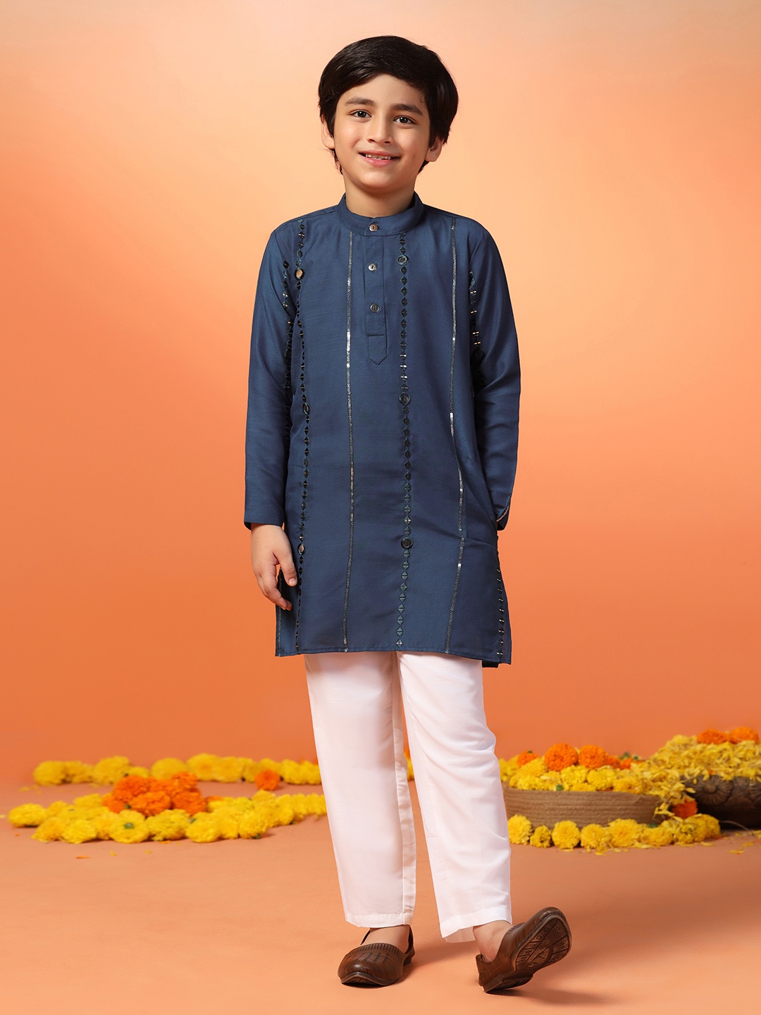 

Sangria Boys Blue Band Collar Geometric Embroidered Mirror Work Kurta And Pyjama