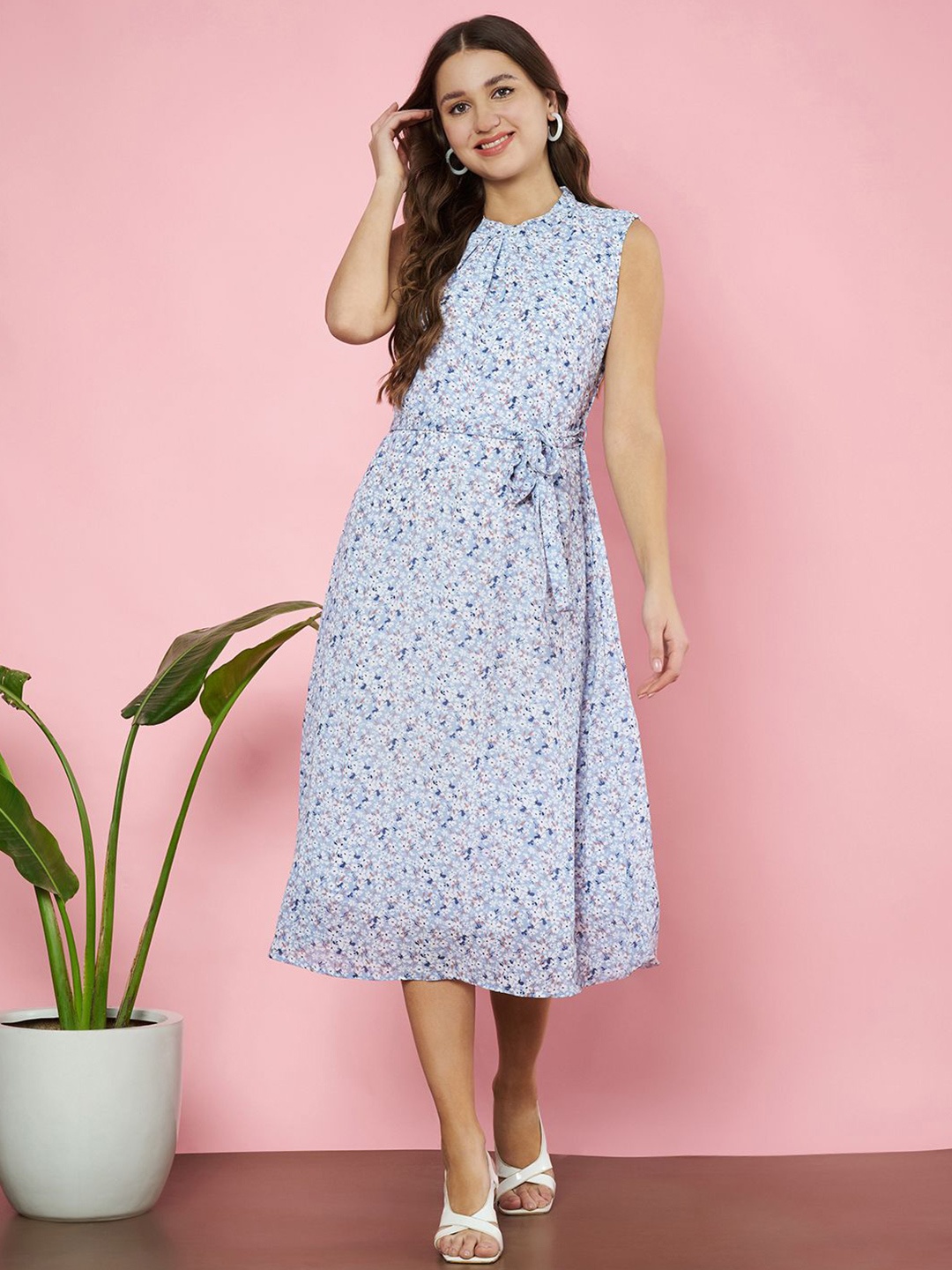 

Fbella Floral Printed Georgette A-Line Midi Dress with Tie-Ups Details, Blue