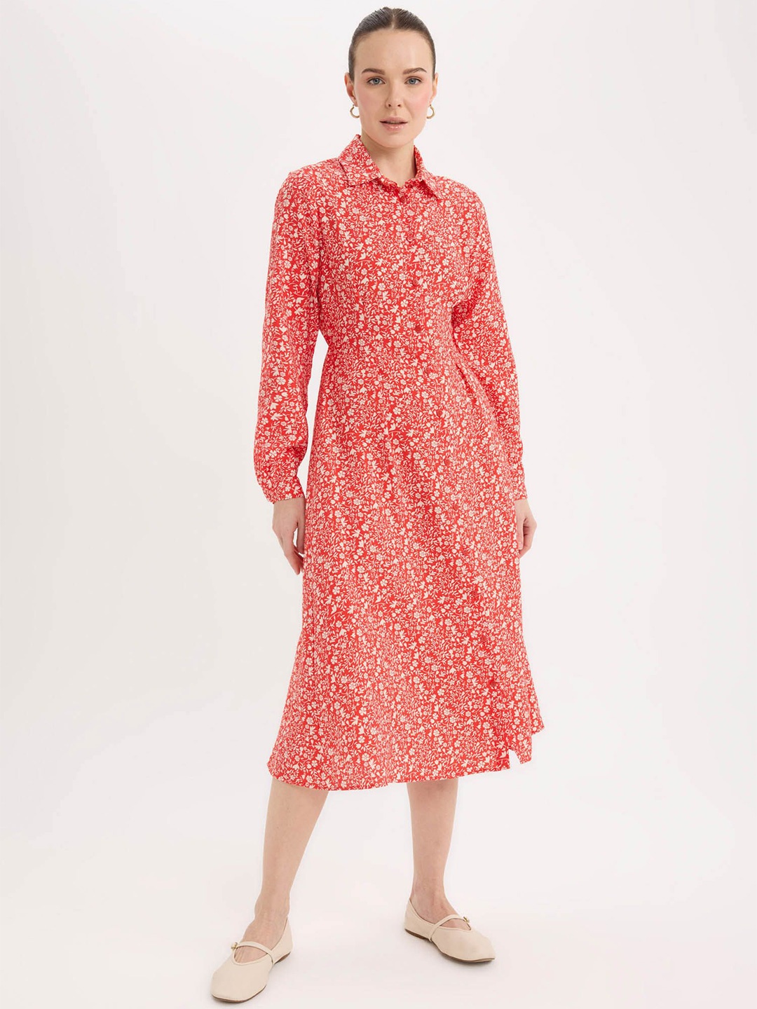 

DeFacto Floral Print Shirt Midi Dress, Na