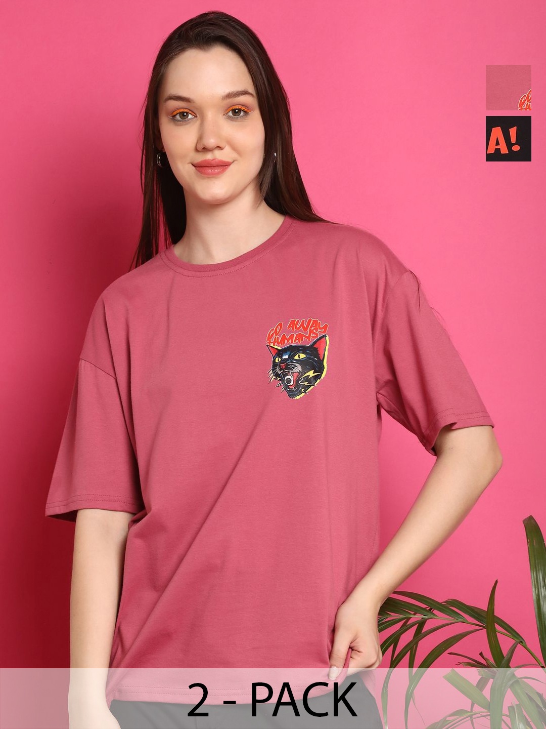 

Metronaut Women Pack Of 2 Graphic Printed Round Neck Cotton Oversized T-shirts, Peach