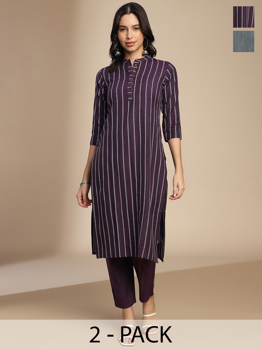

KALINI Selection Of 2 Striped Round Neck Straight Kurtas, Violet