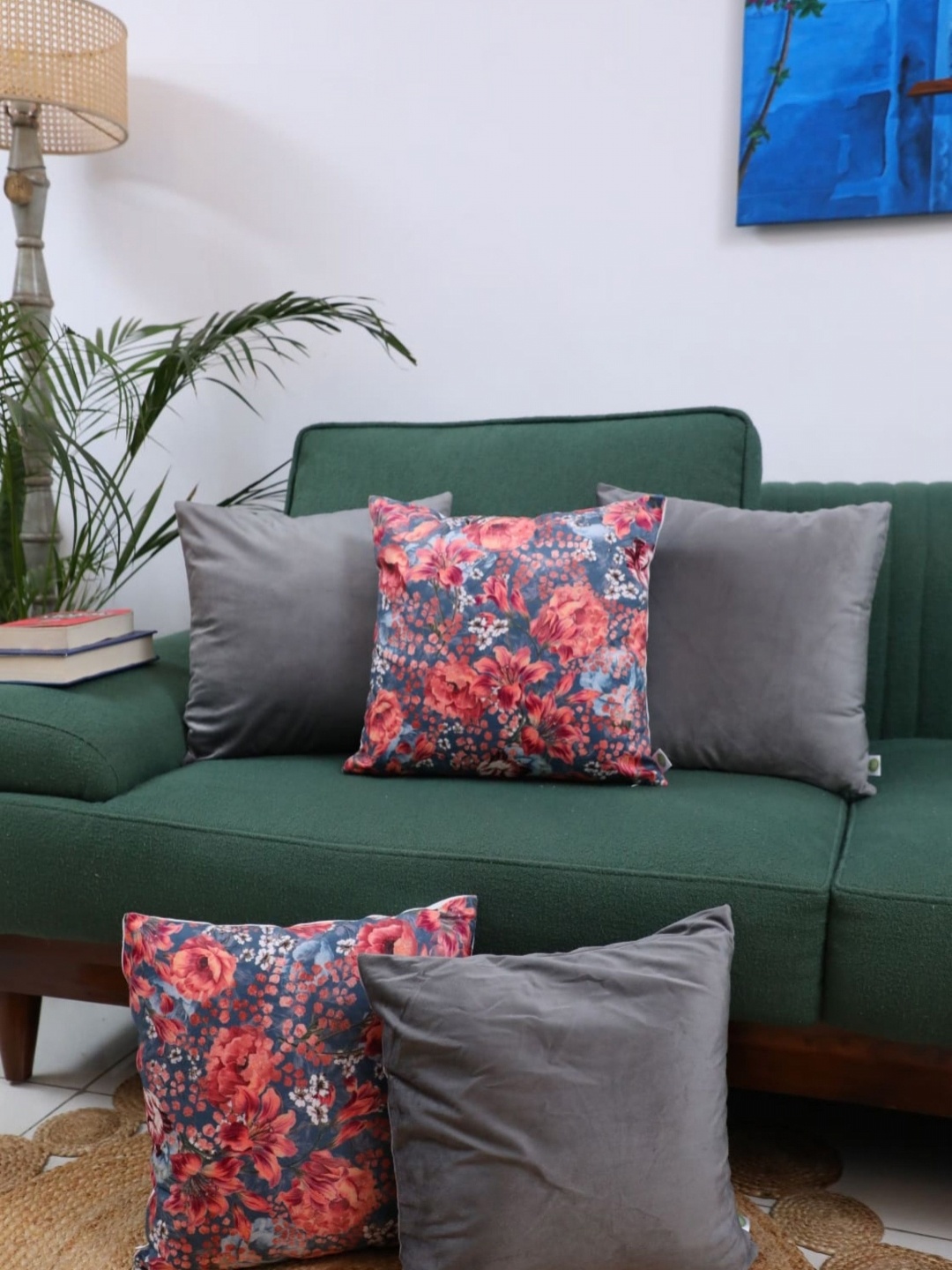 

LUSHLYF Grey & Red 5 Pieces Floral Velvet Square Cushion Covers