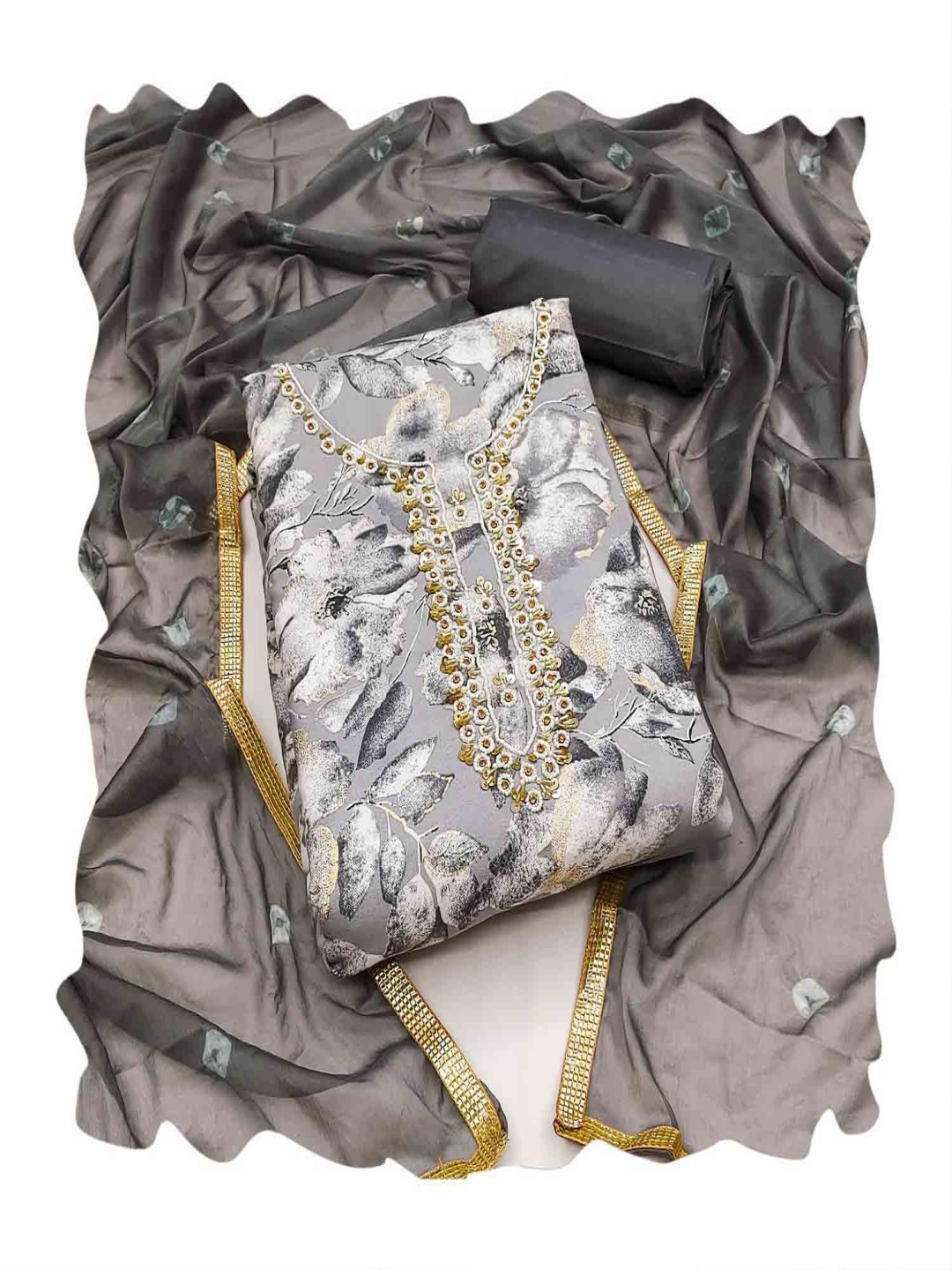 

NEGRONI Floral Printed Beads And Stones Unstitched Dress Material, Grey