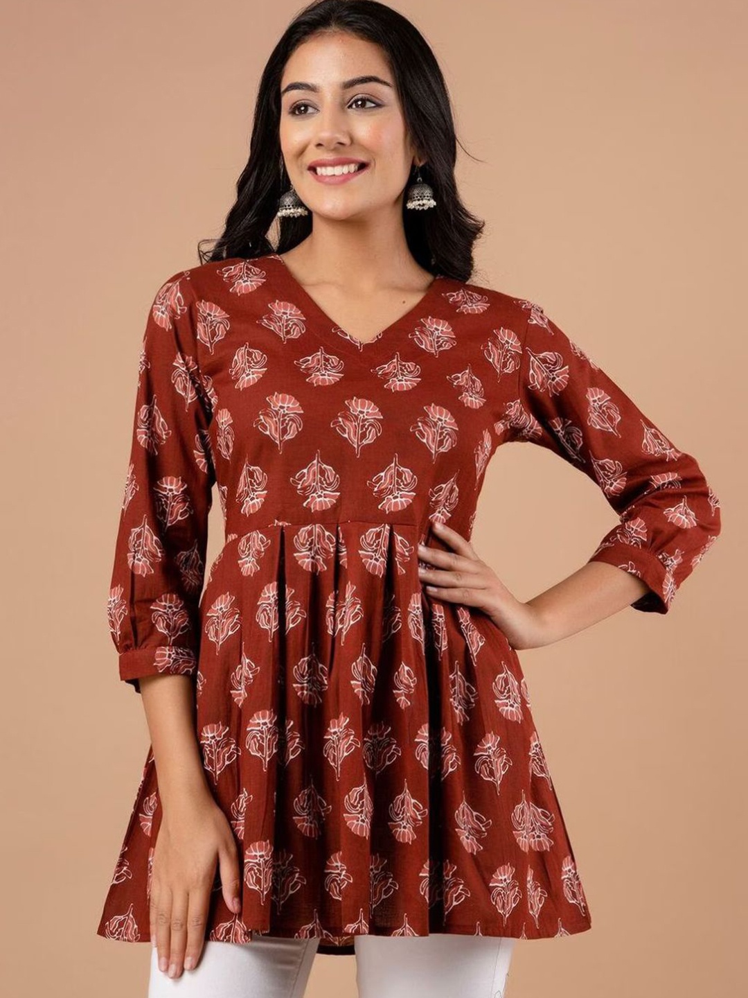 

Rangun Women Floral Printed Peplum Top, Rust