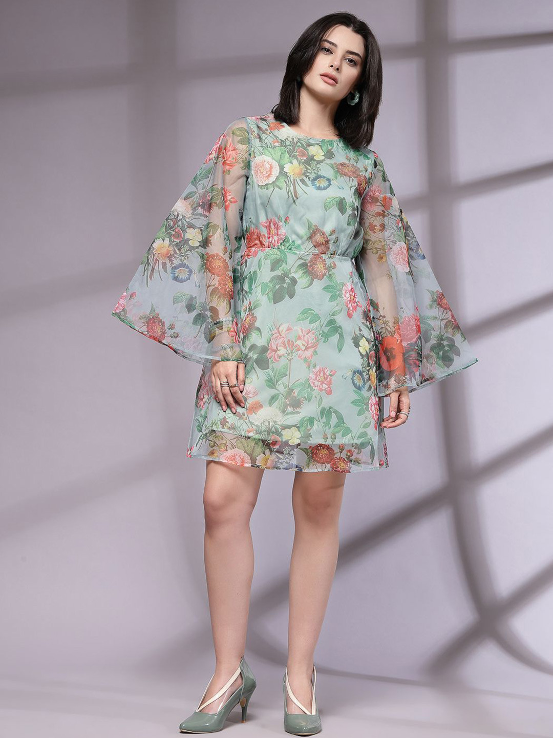 

KASSUALLY Women Floral Printed Bell Sleeves Fit & Flare Dress, Green