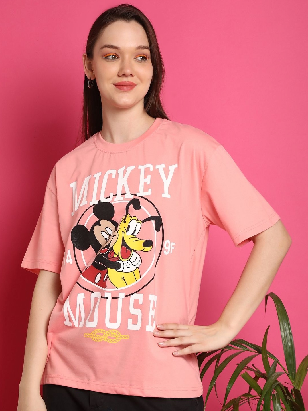 

Dreambe Women Mickey Mouse Graphic Printed Round Neck Cotton Oversized T-shirt, Peach