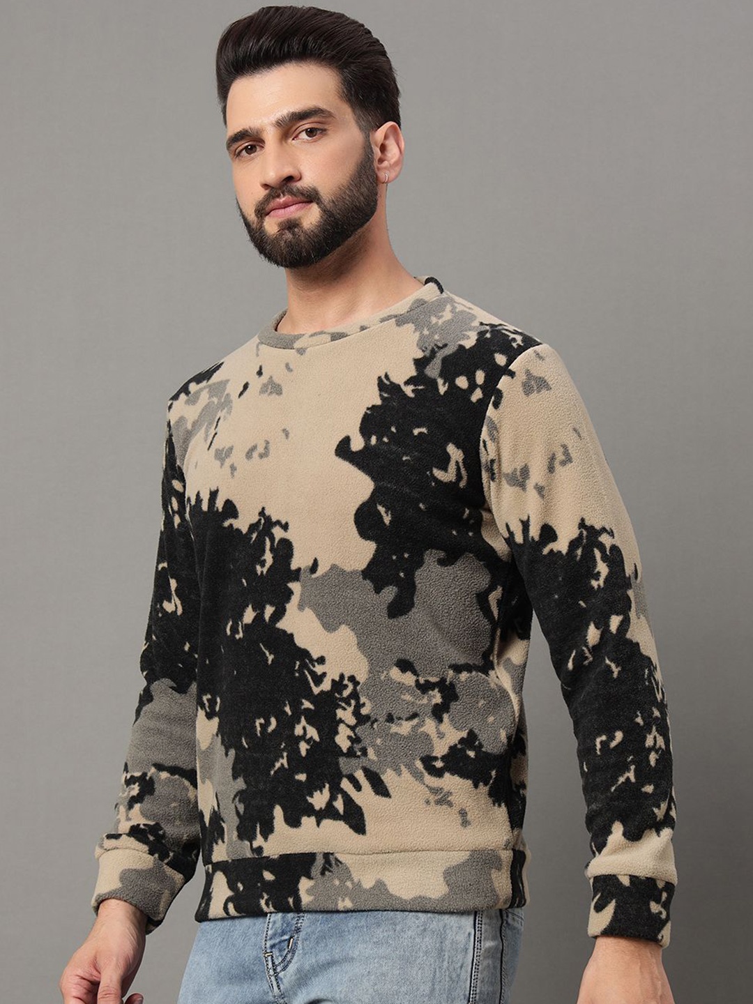 

OGEN Men Printed Round Neck Pullover Sweatshirt, Beige