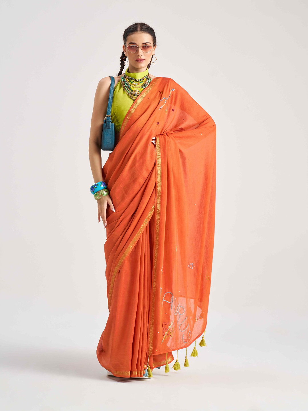 

PEENGAX Floral Pure Georgette Chanderi Saree, Orange