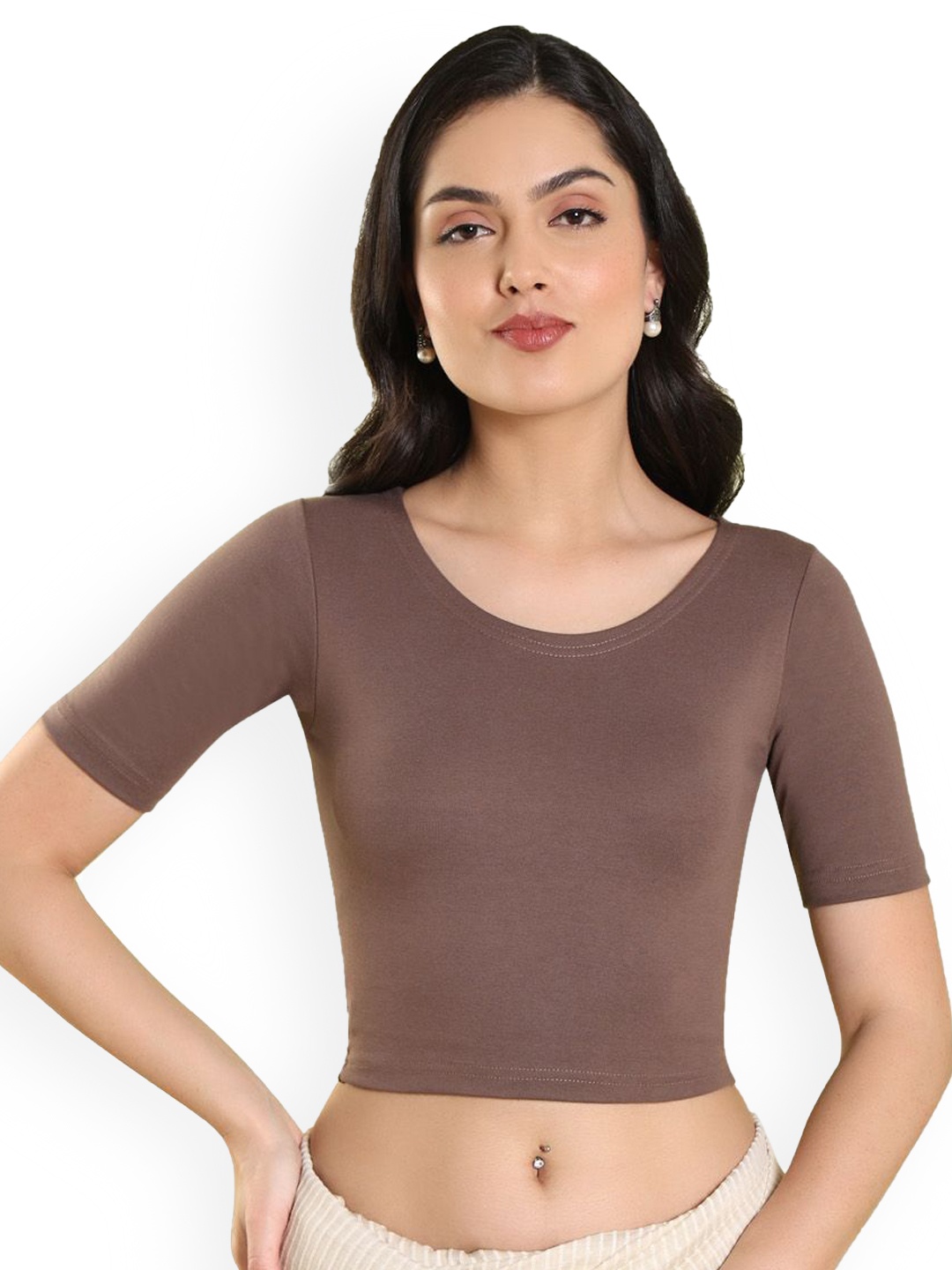 

Mmore Boat Neck Stretchable Saree Blouse, Brown
