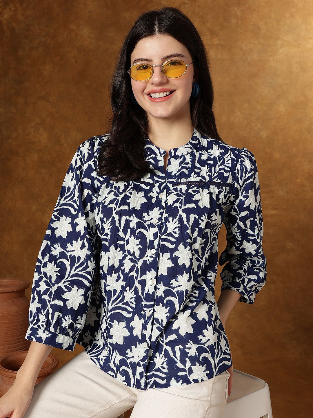 

KALINI Floral Printed Mandarin Collar Cotton Shirt Style Traditional Top, Blue
