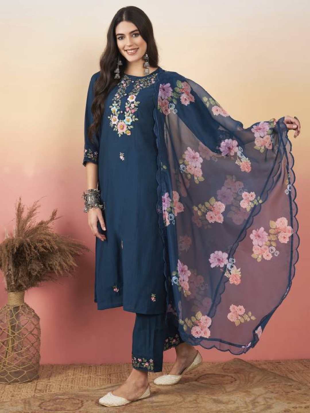 

KALINI Floral Embroidered Thread Work Pure Cotton Straight Kurta With Trouser & Dupatta, Blue
