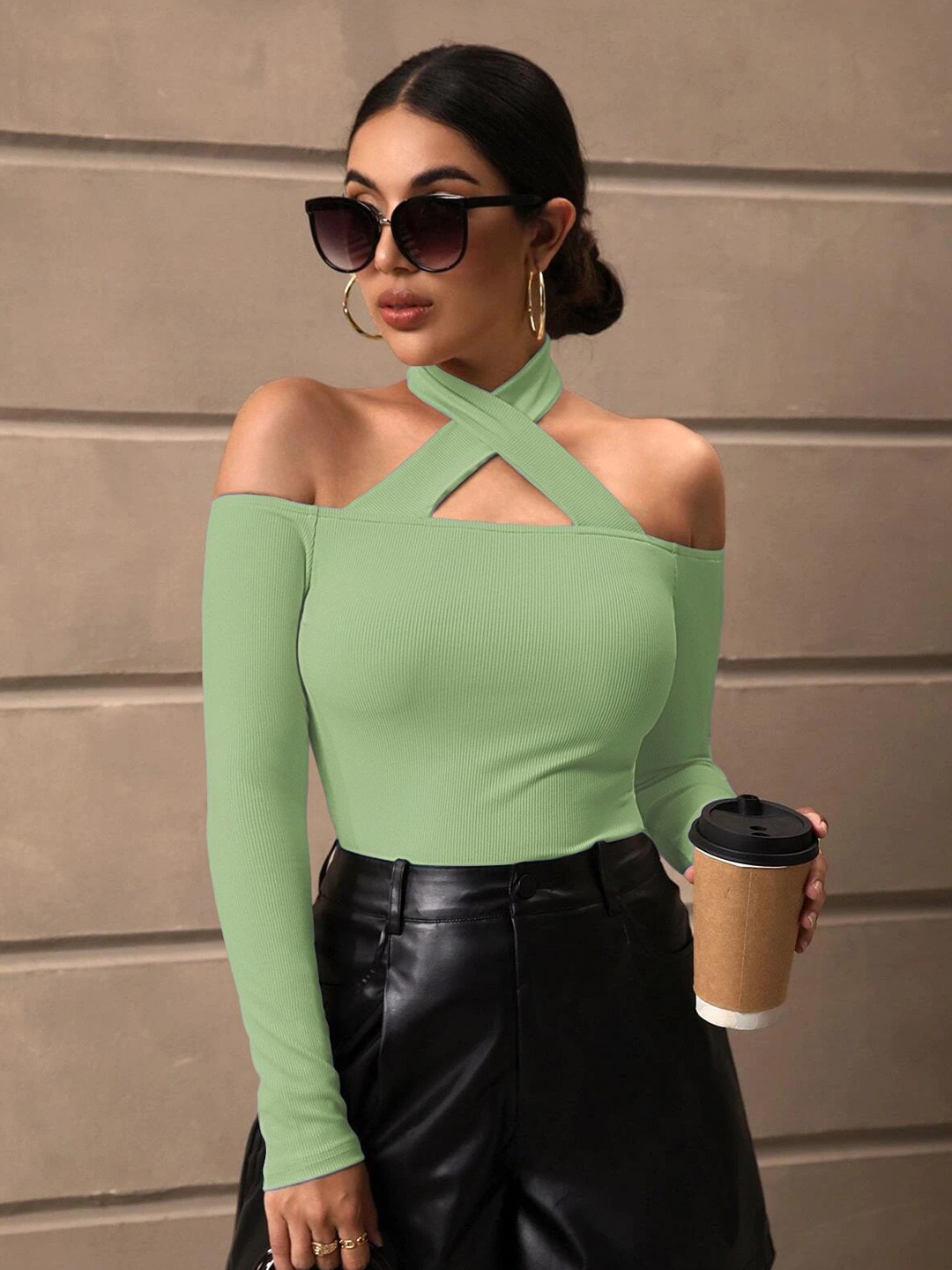 

AVANOVA Cold-Shoulder Sheen Top, Green