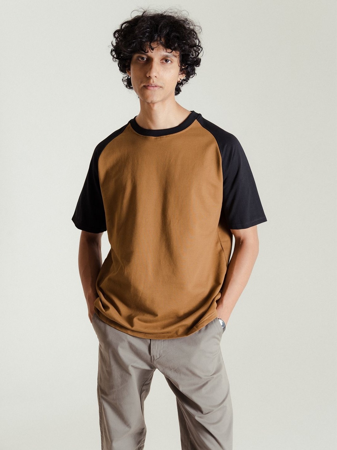 

Desi Minimals Men Colourblocked Round Neck Cotton Relaxed Fit T-shirt, Brown
