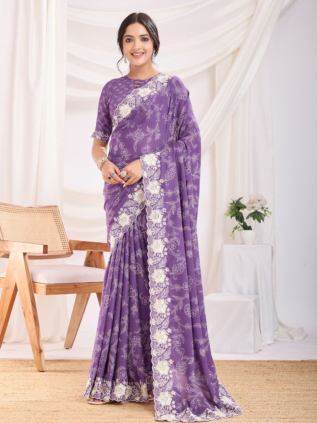 

Mitera Floral Embroidered Saree, Purple