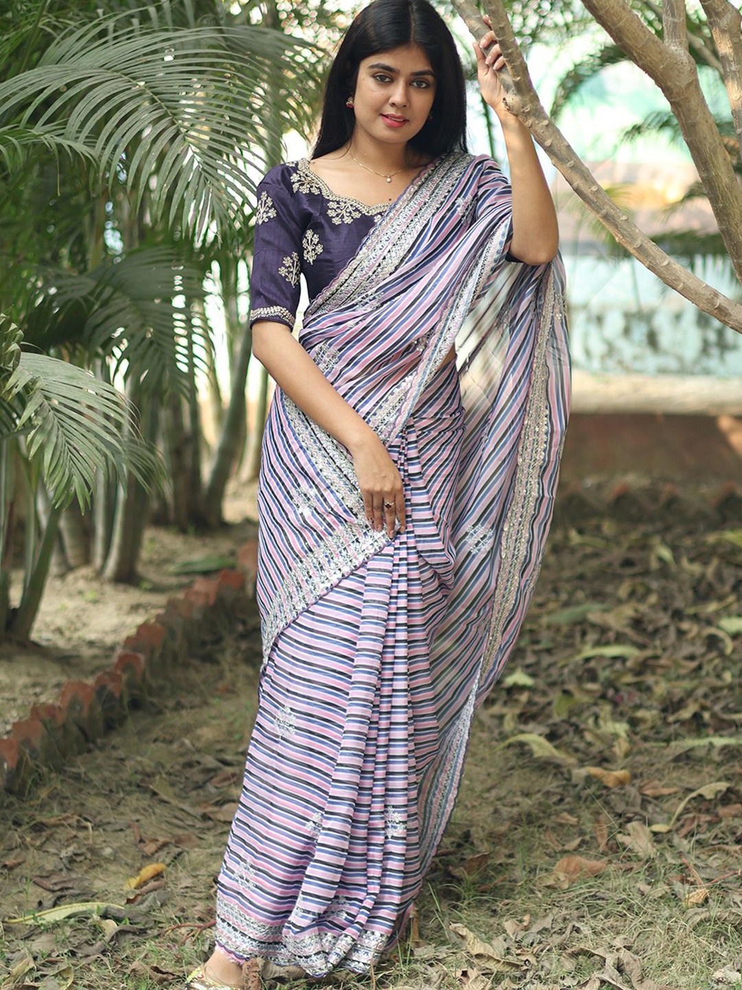 

Mitera Striped Sequinned Saree, Blue