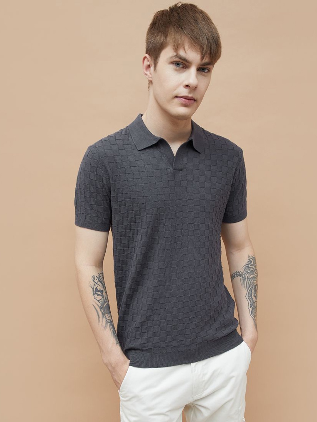

Forca Men Self Design Polo Collar Cotton T-shirt, Grey