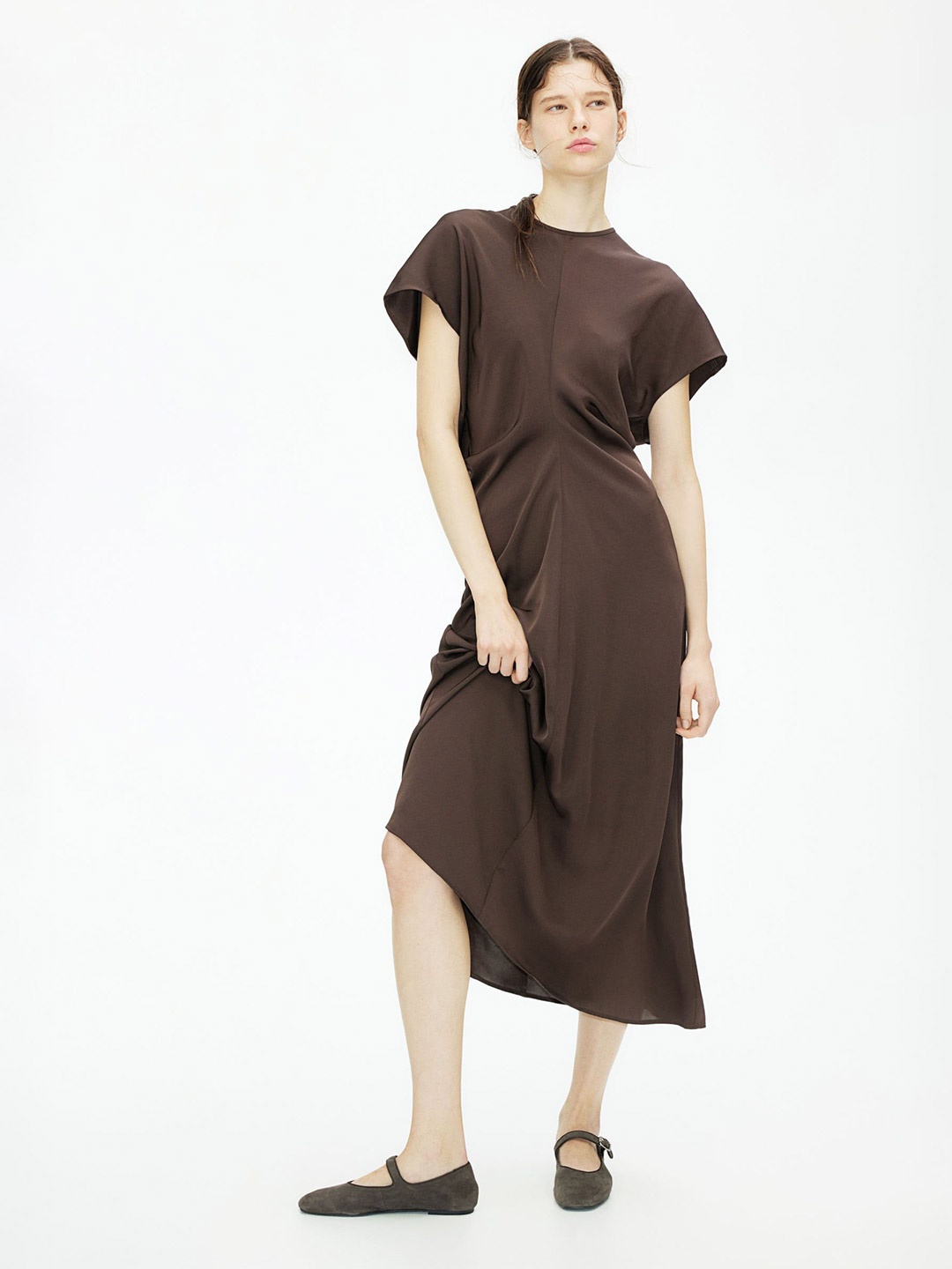 

H&M Women Drop-Waist Round Neck Dress, Brown