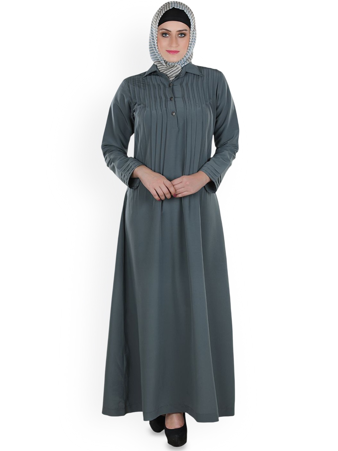 

MOMIN LIBAS Shirt Collar Neck Front Pleated Abaya, Grey