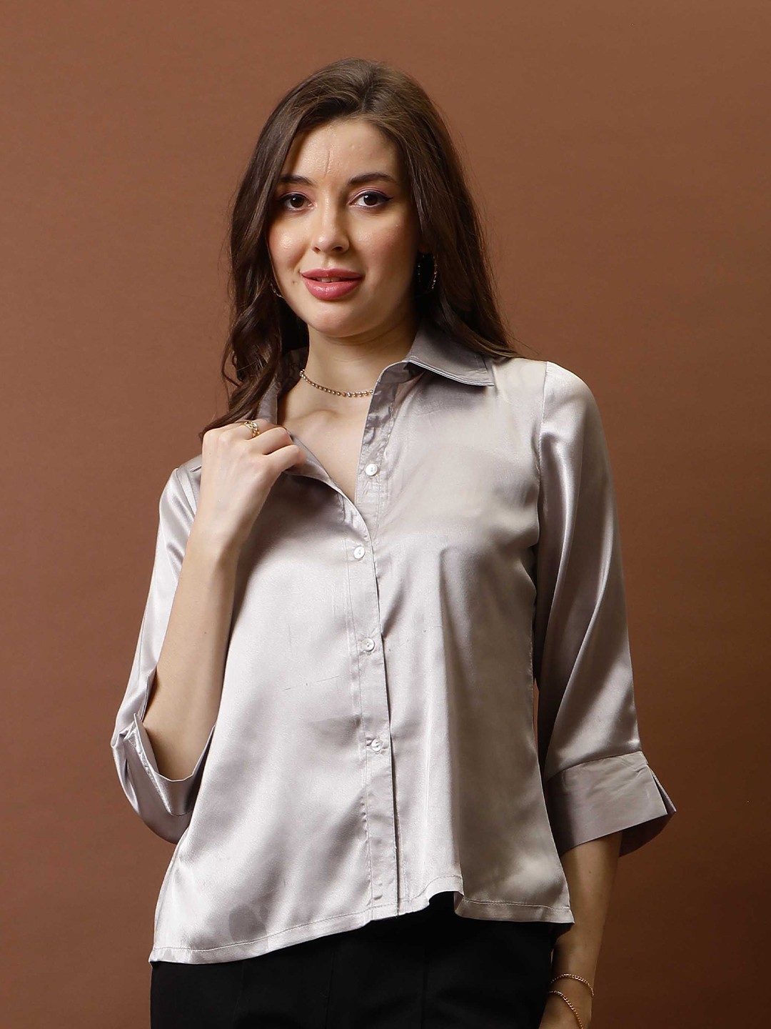 

Athena Immutable Women Relaxed Fit Spread Collar Solid Casual Shirt, Beige