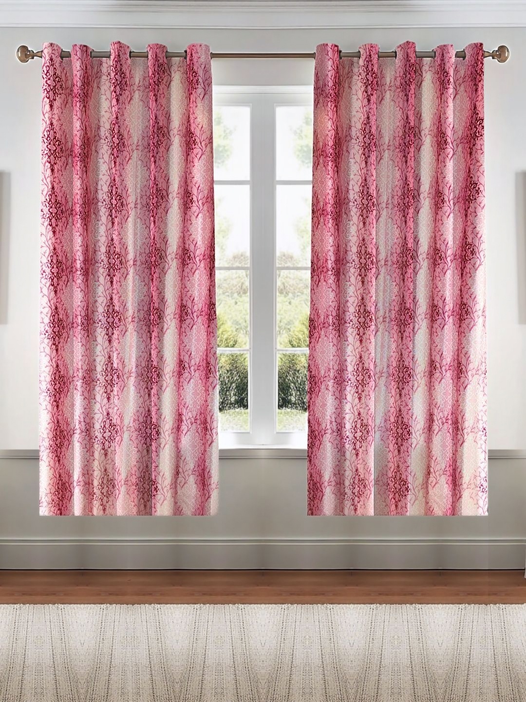 

Kanodia Poly Fab Pink 2 Pieces Printed Room Darkening 65% Sunlight Block Window Curtains
