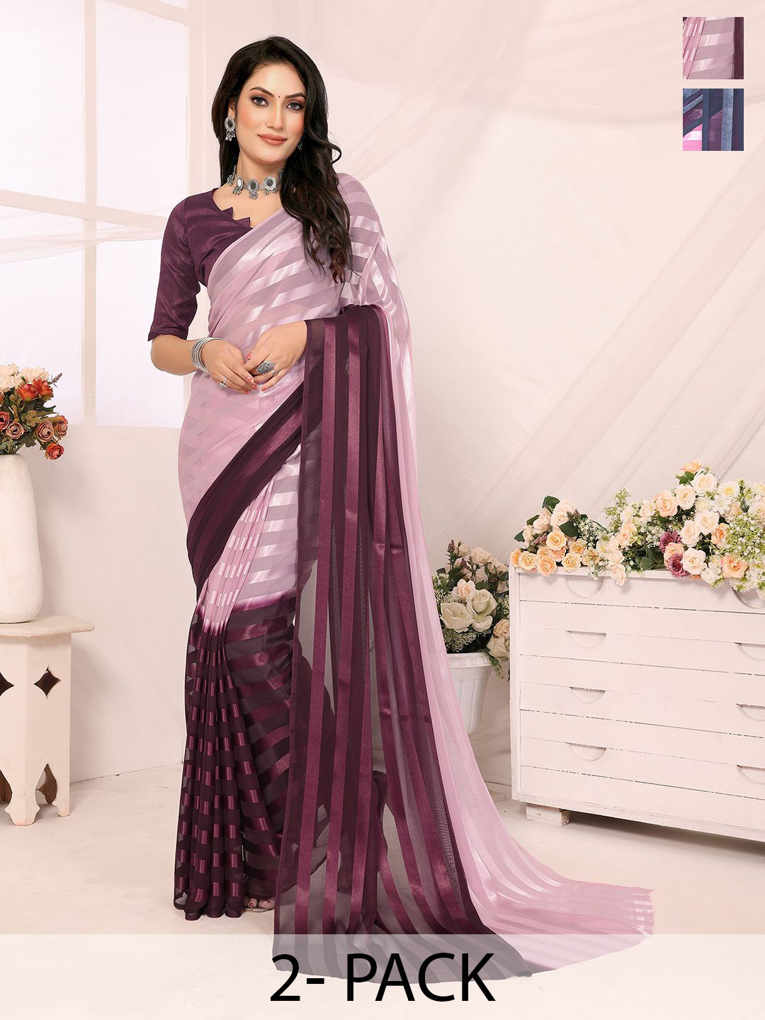 

Moda Rapido Pack Of 2 Striped Satin Saree, Pink