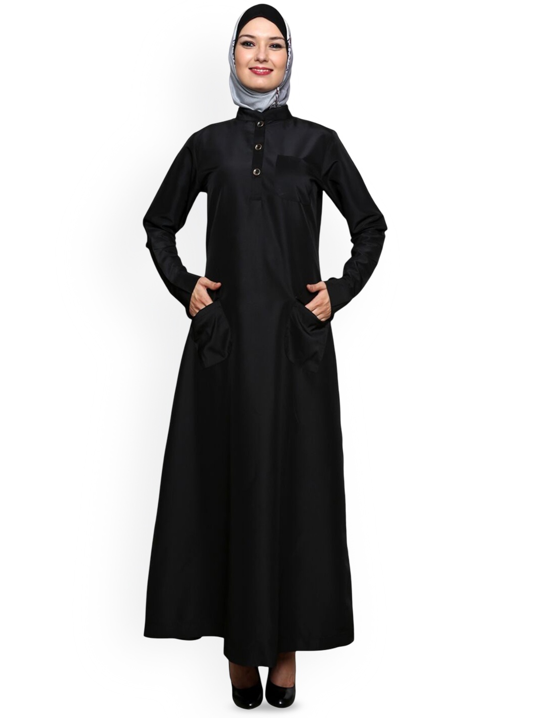 

MOMIN LIBAS Mandarin Collar Neck Front Pocket Abaya, Black