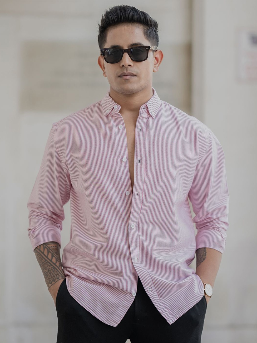 

Powerlook Men Regular Fit Spread Collar Vertical Striped Cotton Casual Shirt, Red