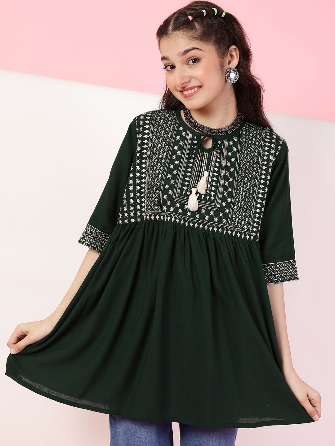 

Ishti Floral Embroidered Tie-Up Neck Top, Green