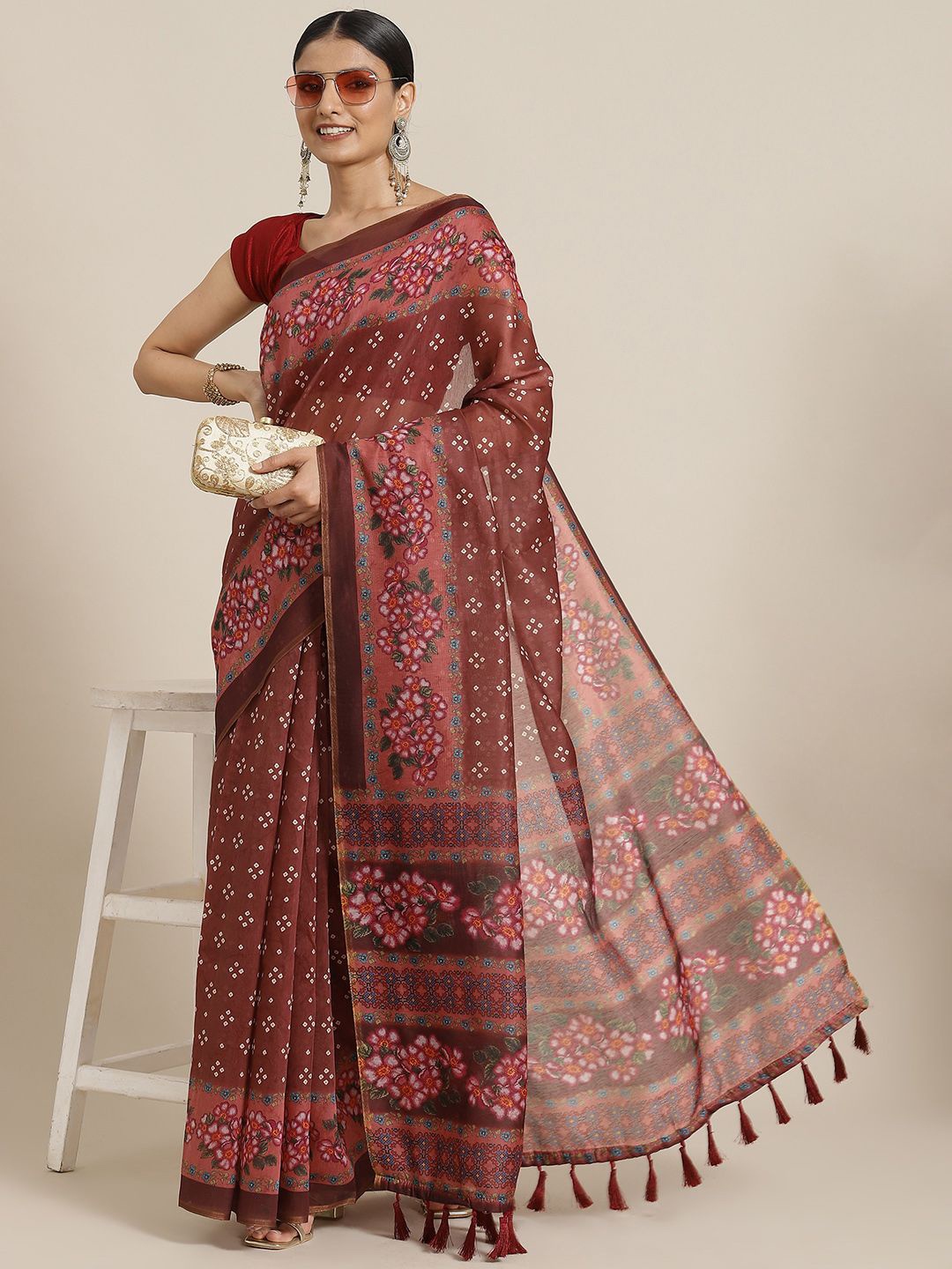 

DIVASTRI Digital Printed Kalamkari Chanderi Cotton Saree With Tassels, Brown