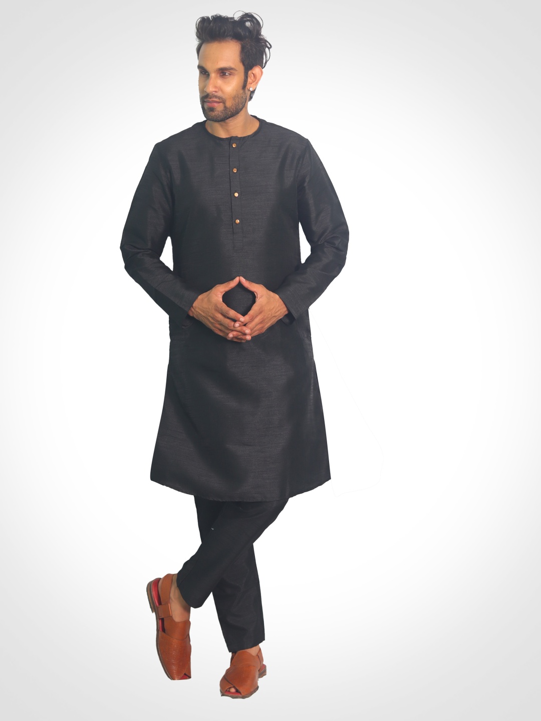 

House of Aqss Mandarin Collar Straight Kurta With Trouser, Black
