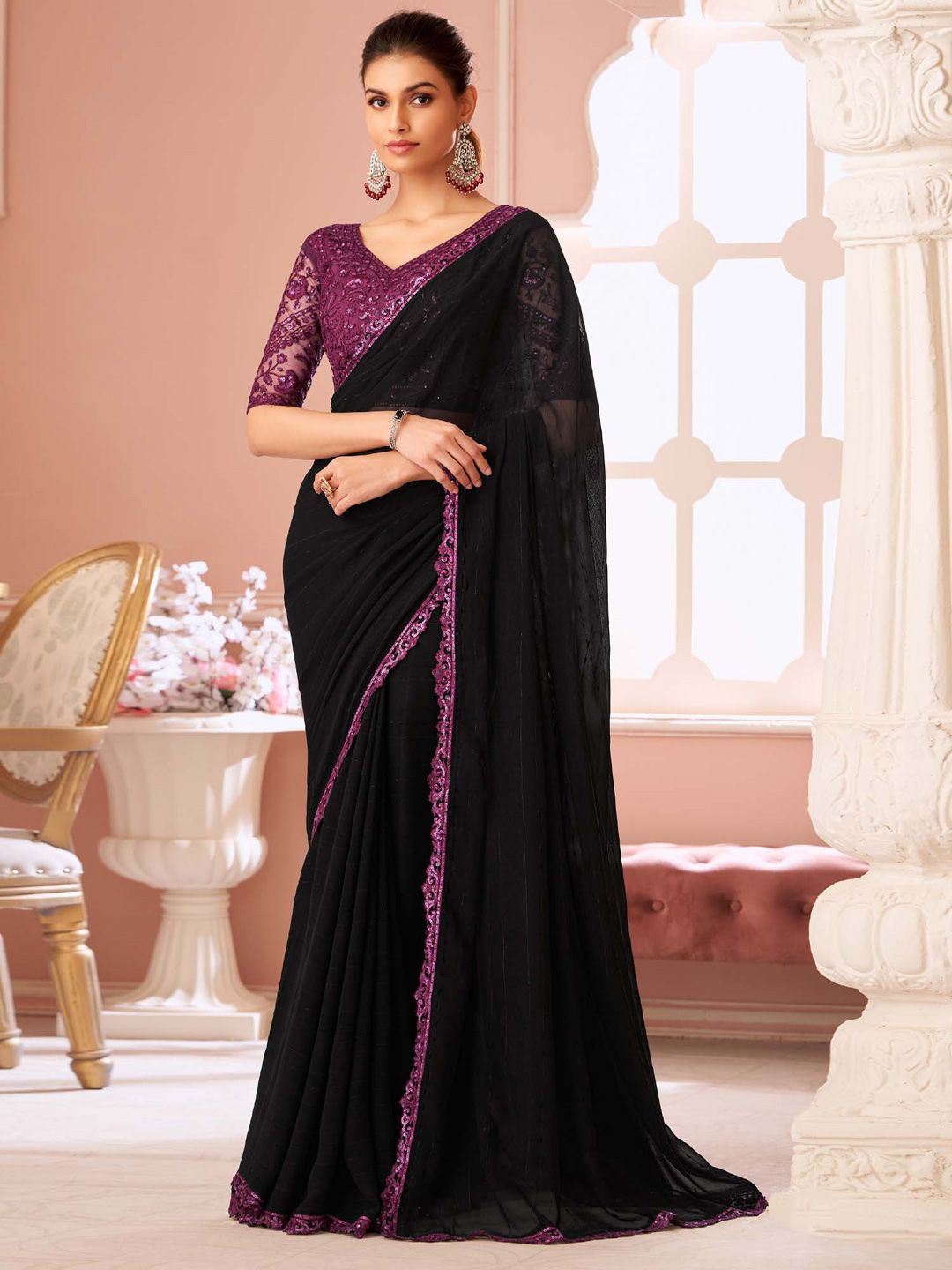 

Mitera Sequinned Pure Georgette Saree, Black