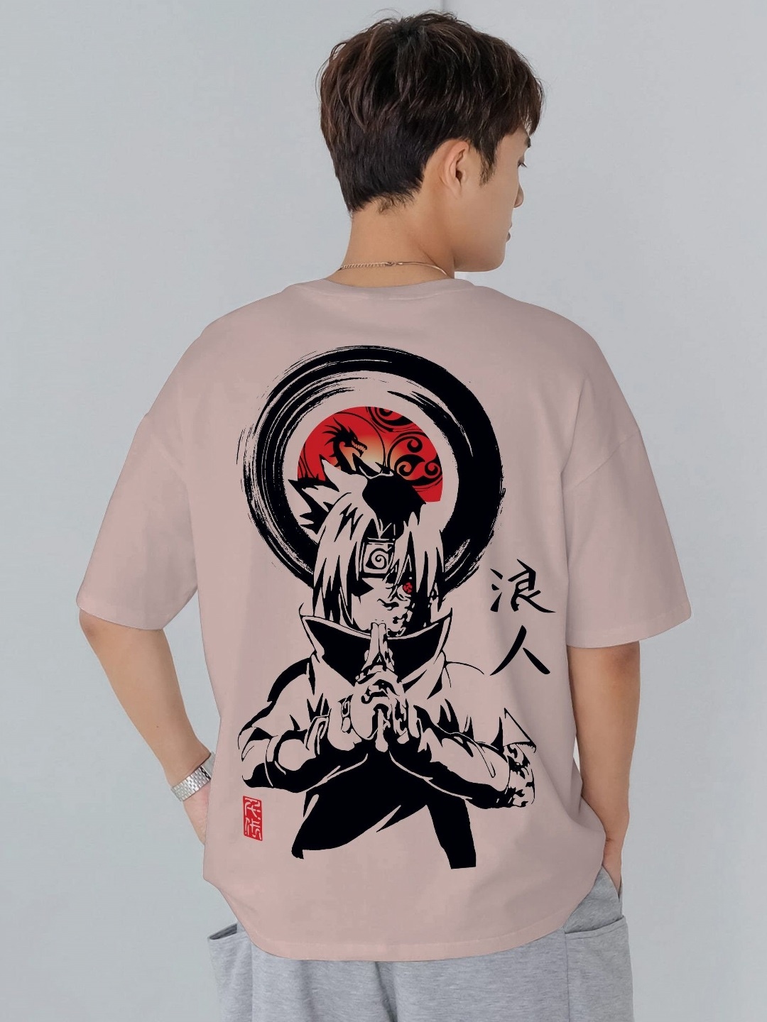 

JUMPCUTS Men Naruto Graphic Printed Round Neck Cotton T-shirt, Peach