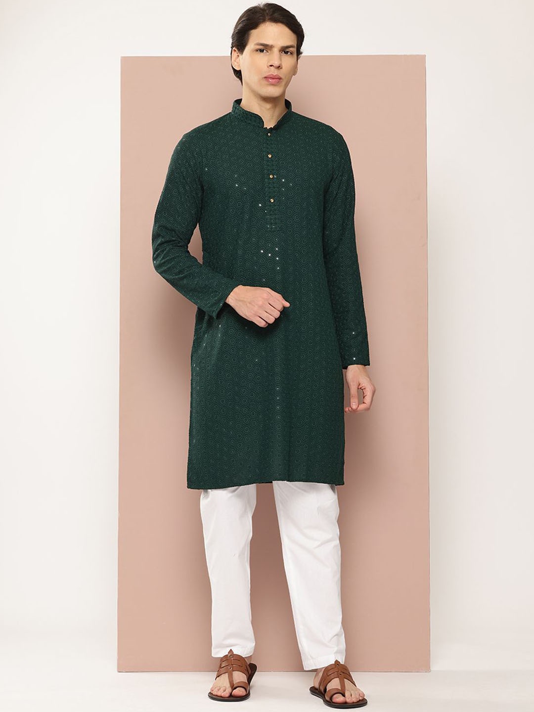 

See Designs Woven Design Mandarin Collar Straight Kurta, Green