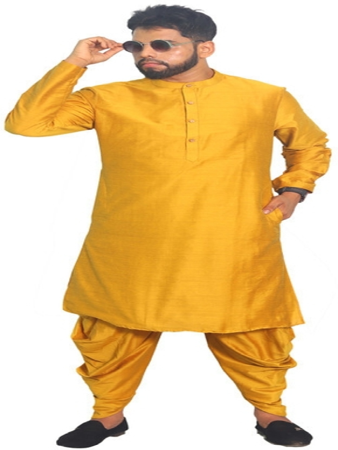 

House of Aqss Band Collar Straight Kurta With Dhoti Pants, Yellow