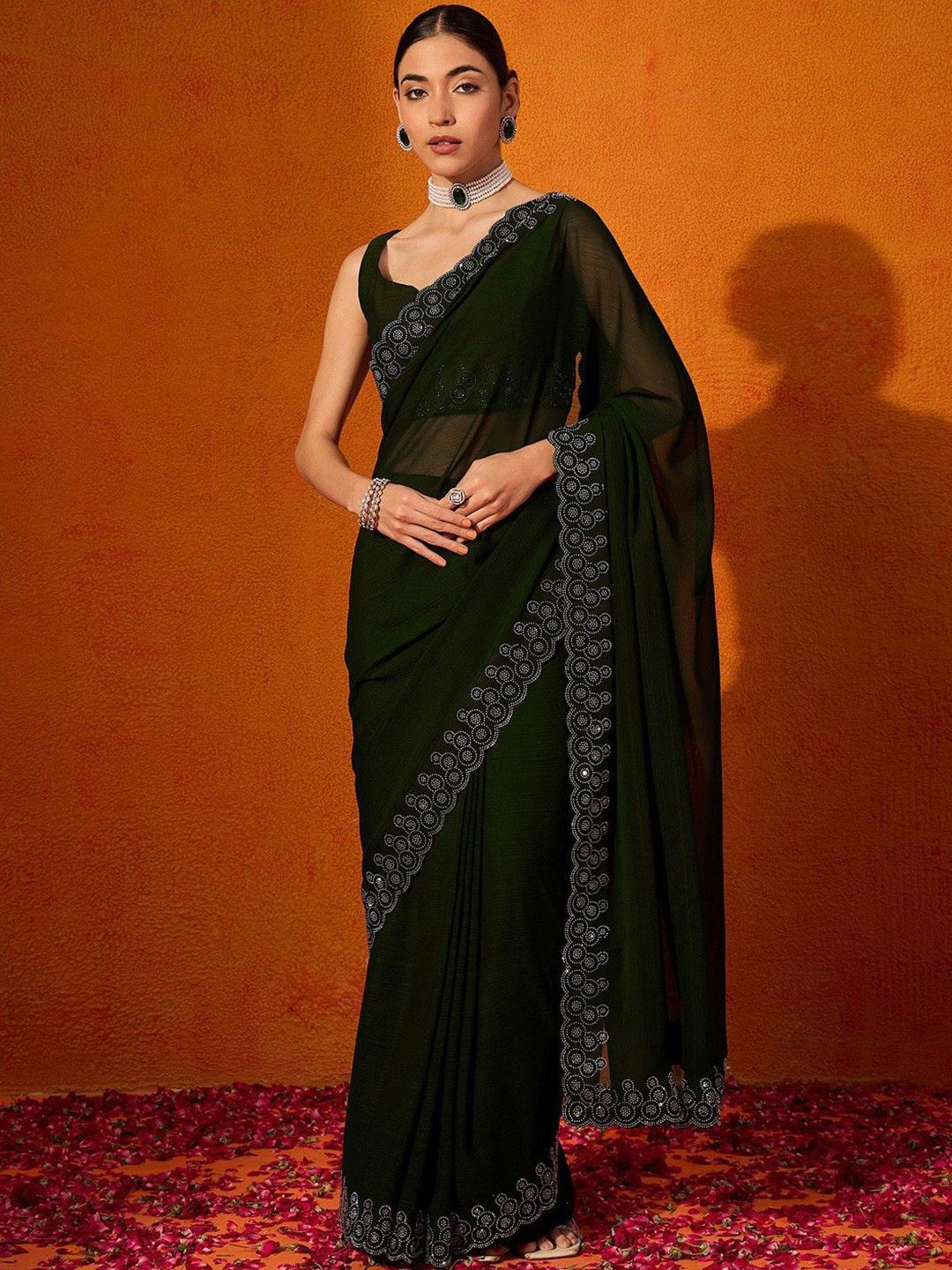 

SWADESI STUFF Beads and Stones Pure Georgette Saree, Green