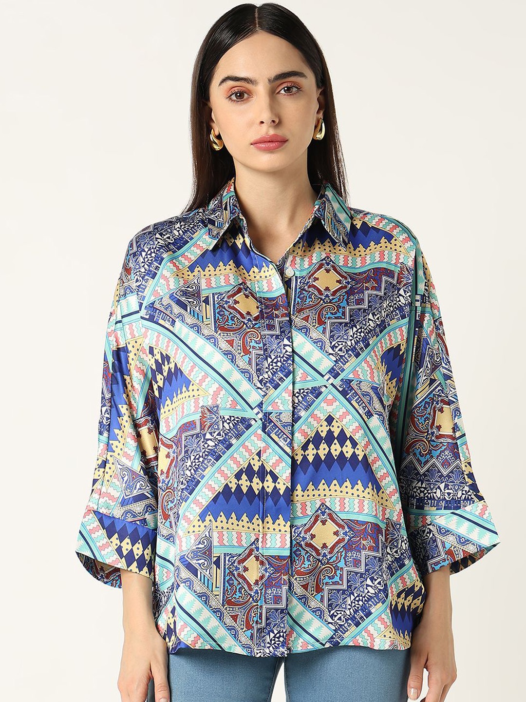 

R&B Ethnic Motifs Printed Shirt Collar Shirt And Palazzos, Blue