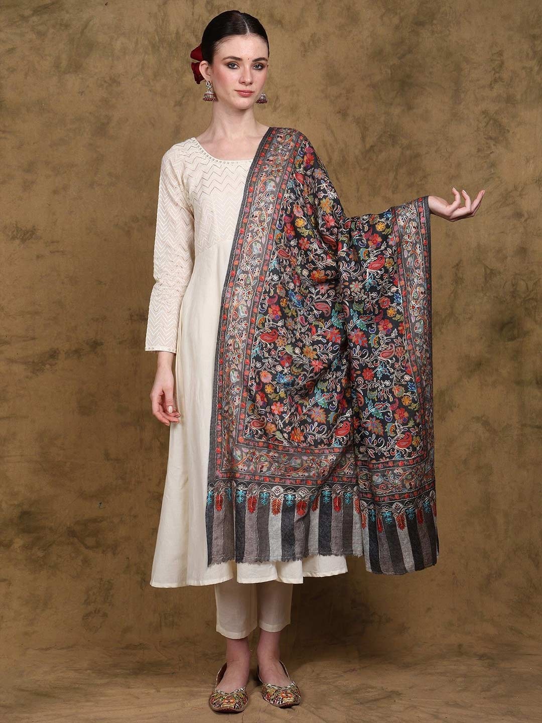 

Exotic India Pure Wool Kani Jamawar Shawl with Embroidered Flower & Paisley, Black