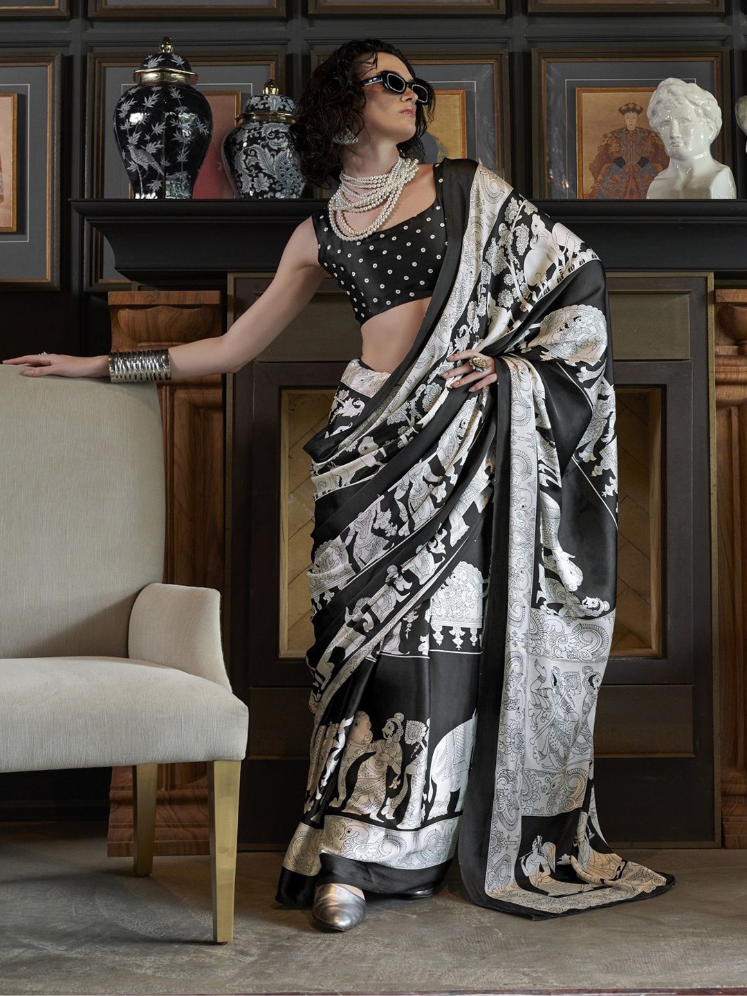 

Stylum Kalamkari Printed Satin Saree, White