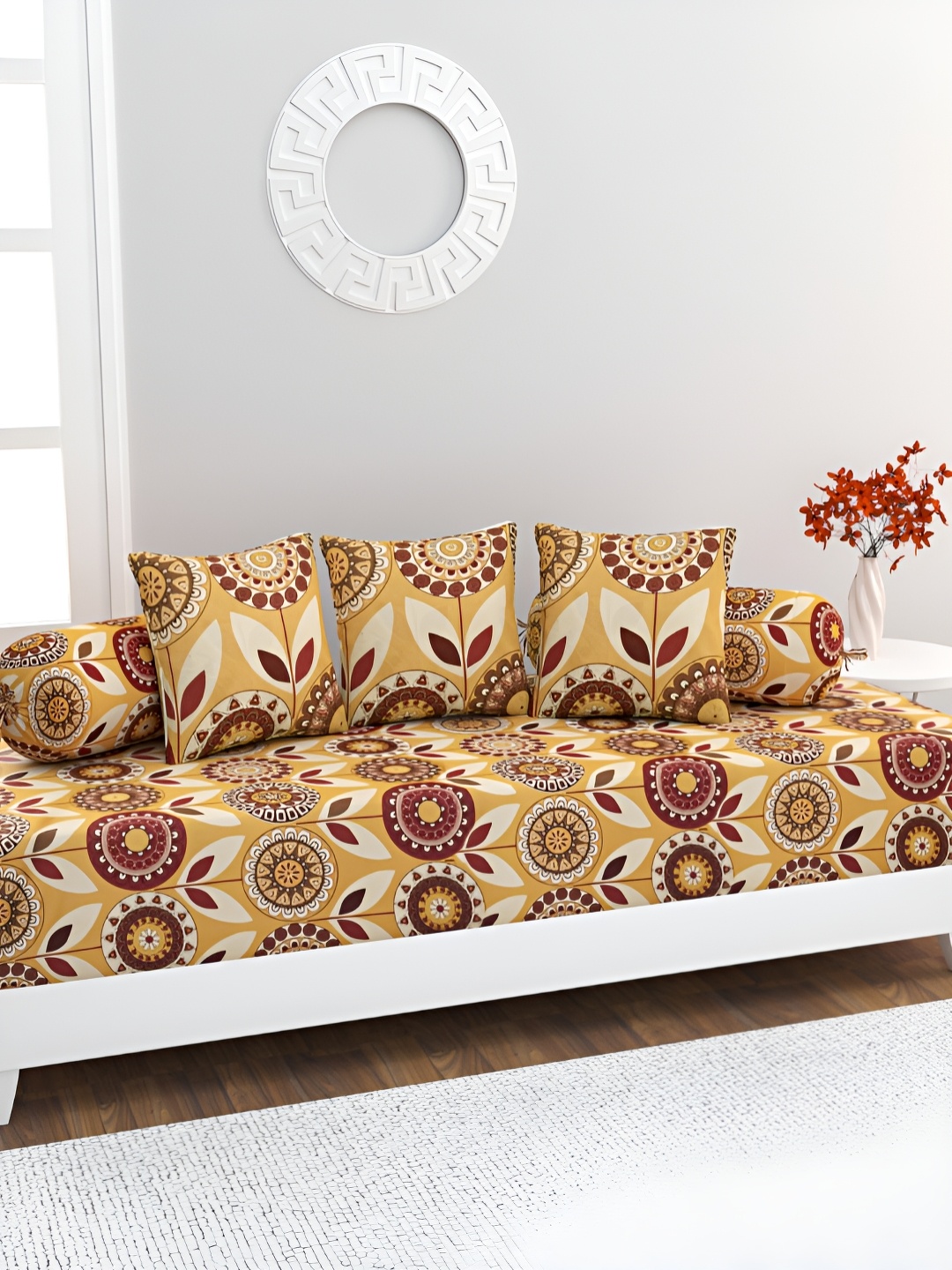 

HOME AFFAIRS Yellow & Brown 6 Pcs Floral Printed Cotton 220 TC Single Diwan Set
