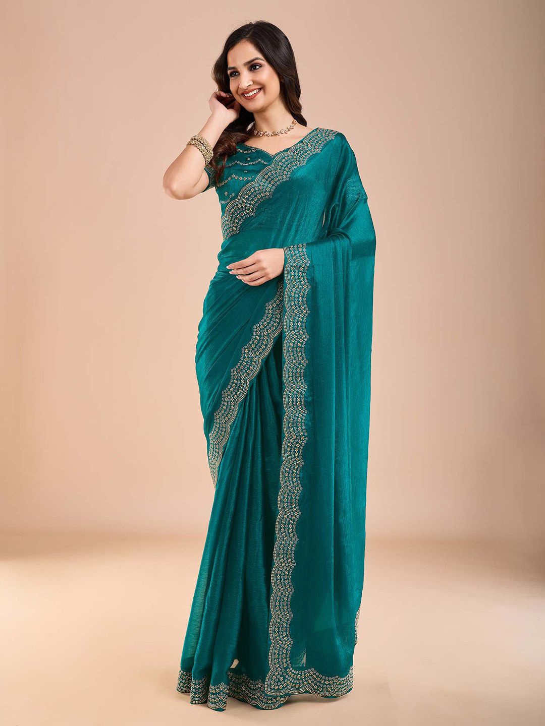 

Anouk Beads and Stones Tissue Saree, Teal