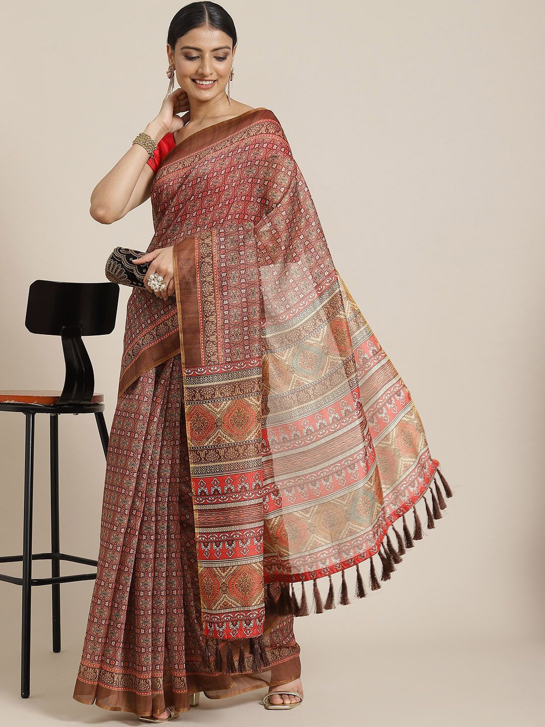 

DIVASTRI Digital Printed Kalamkari Chanderi Cotton Saree with Tassels, Beige