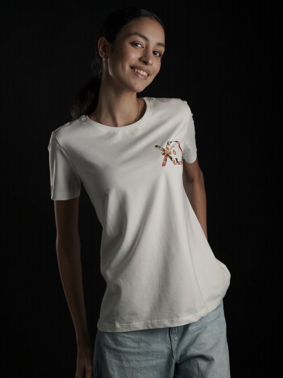 

EKSDEE Women Floral Printed Round Neck Cotton T-shirt, White