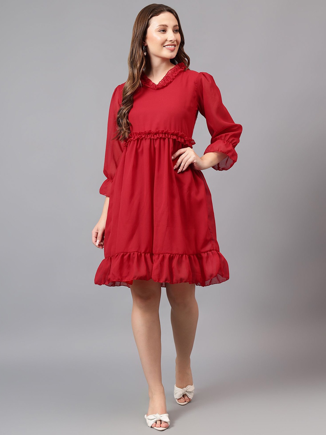 

BAESD Flared Sleeve Ruffled Georgette Fit & Flare Dress, Red