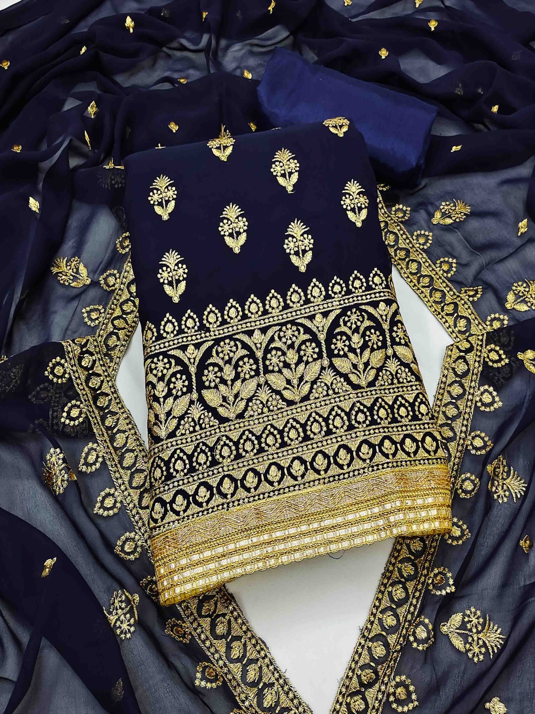 

Blissta Floral Embroidered Zari Work Unstitched Dress Material, Navy blue