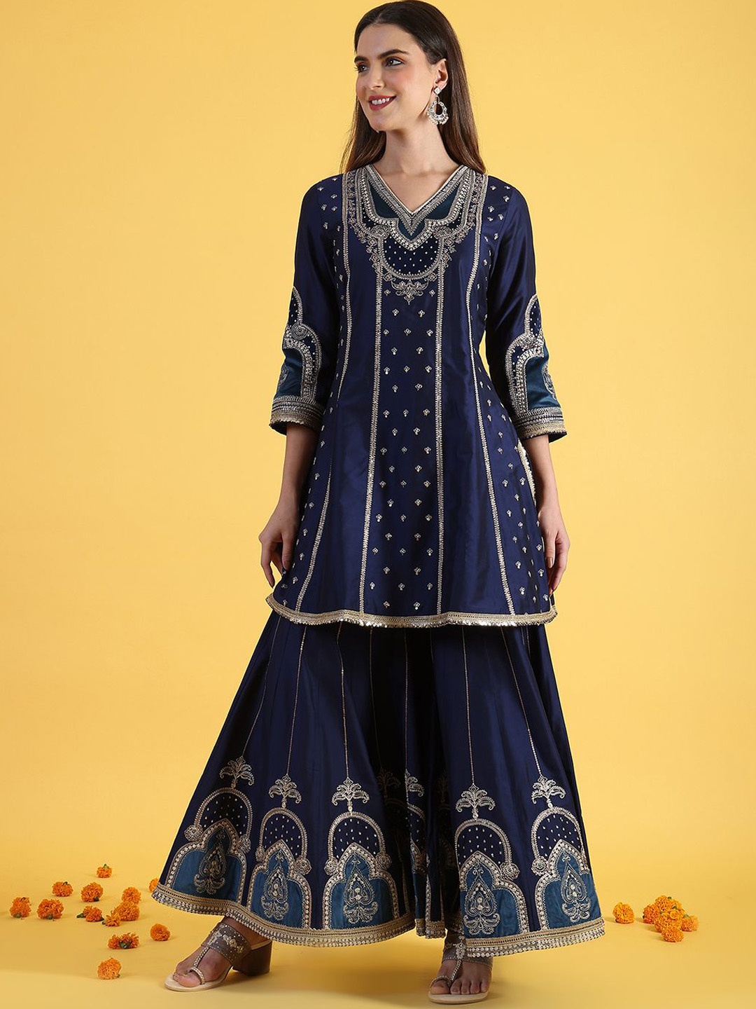 

WISHFUL Floral Embroidered V-Neck Straight Kurta With Sharara And Dupatta, Blue