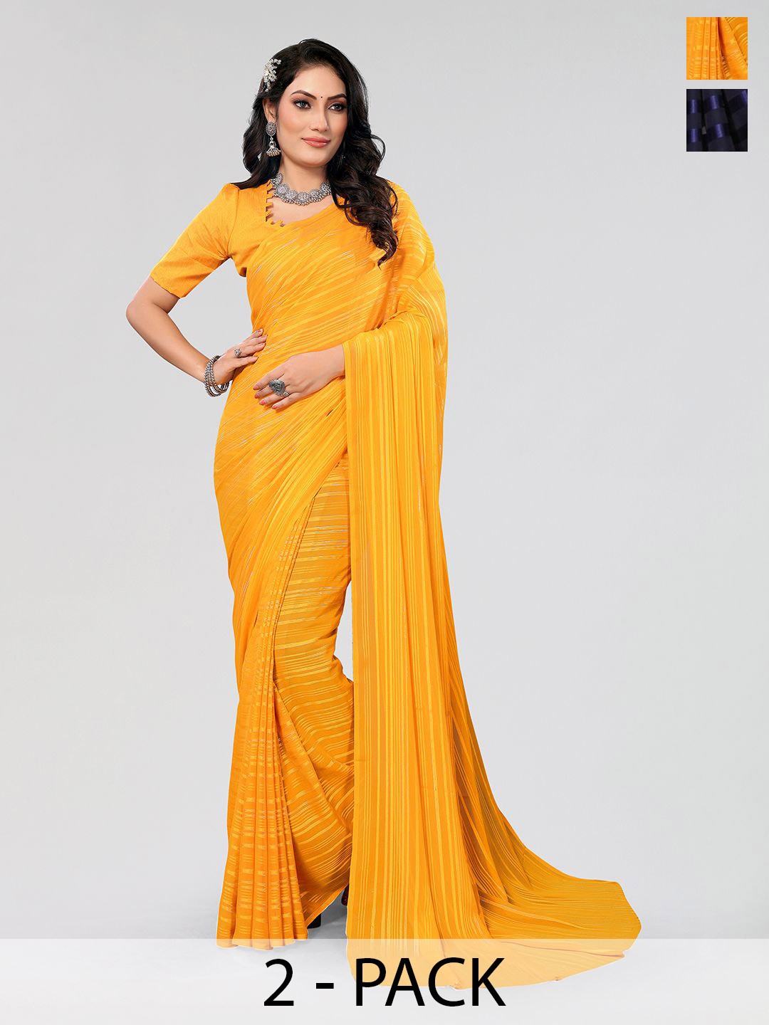 

Moda Rapido Pack Of 2 Striped Satin Saree, Yellow
